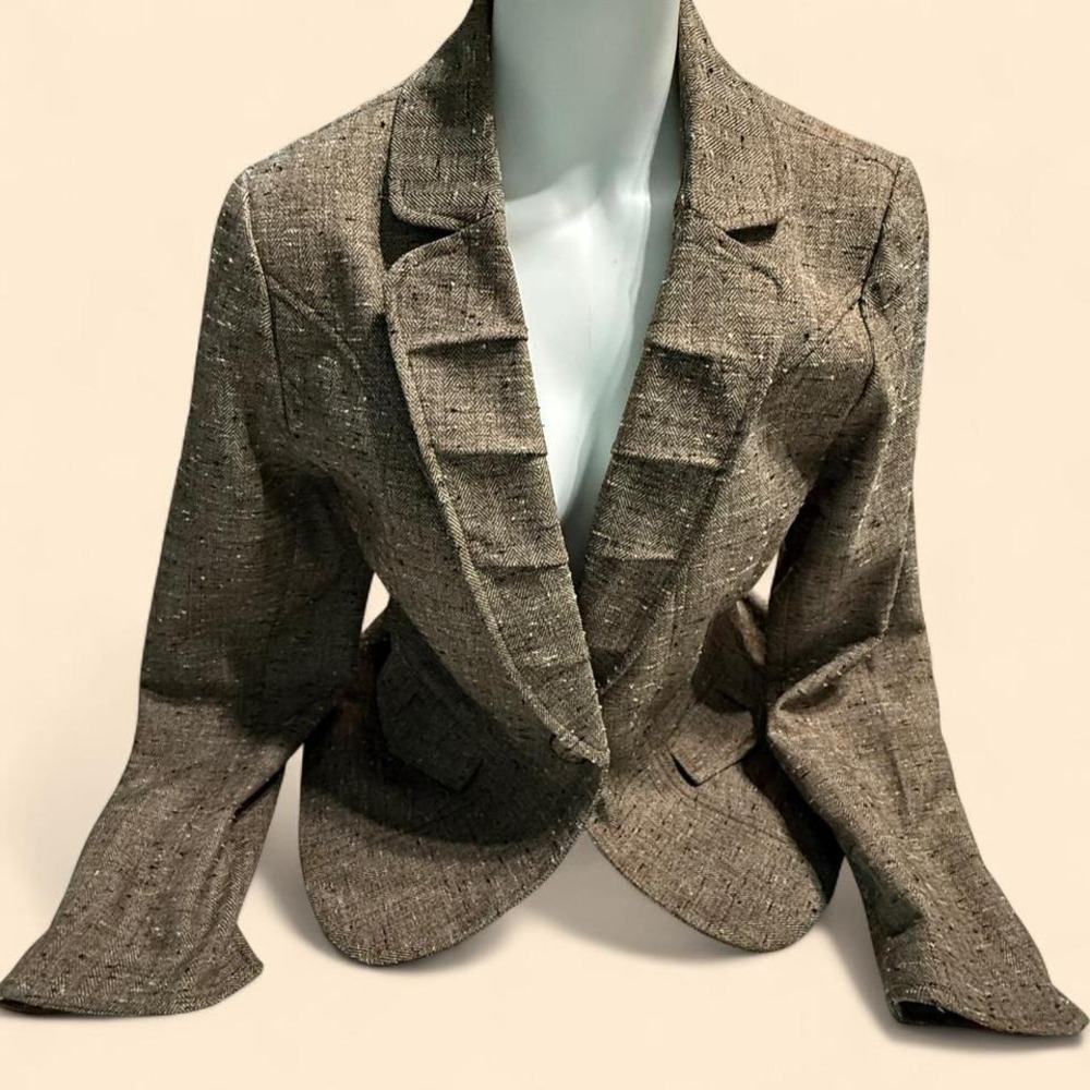 Coldwater Creek brown tweed blazer with ruffle details. Size: 10